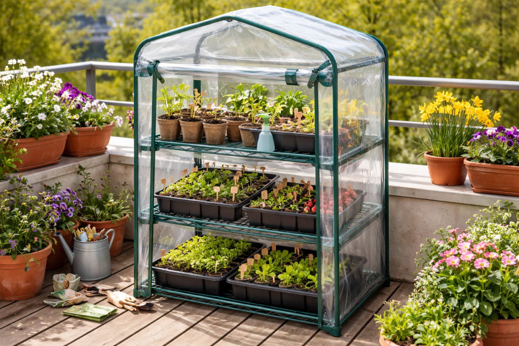 Serra da balcone a più ripiani con copertura trasparente per semine precoci di ortaggi e piante aromatiche.
