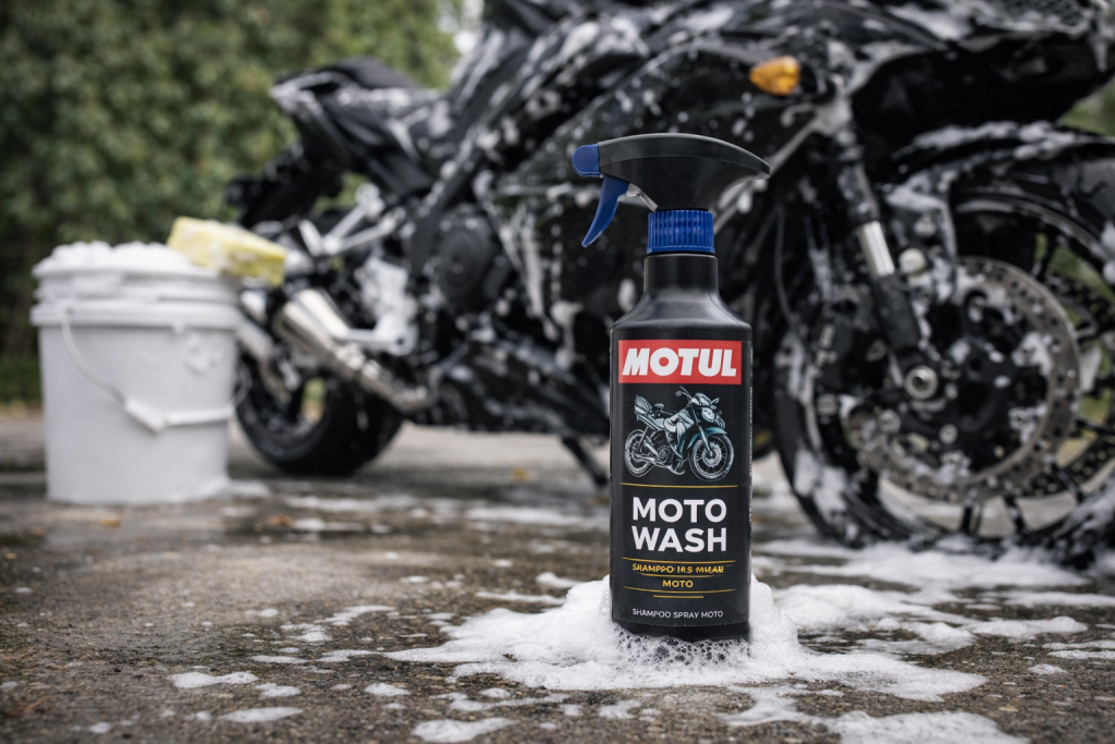 Shampoo specifico per moto utilizzato per il lavaggio della motocicletta con schiuma
