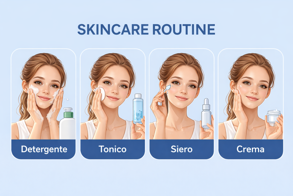 Illustrazione dei passaggi della skincare routine con detergente, tonico, siero e crema