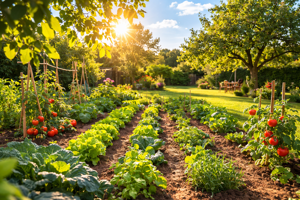 orto soleggiato in giardino con file di verdure coltivate