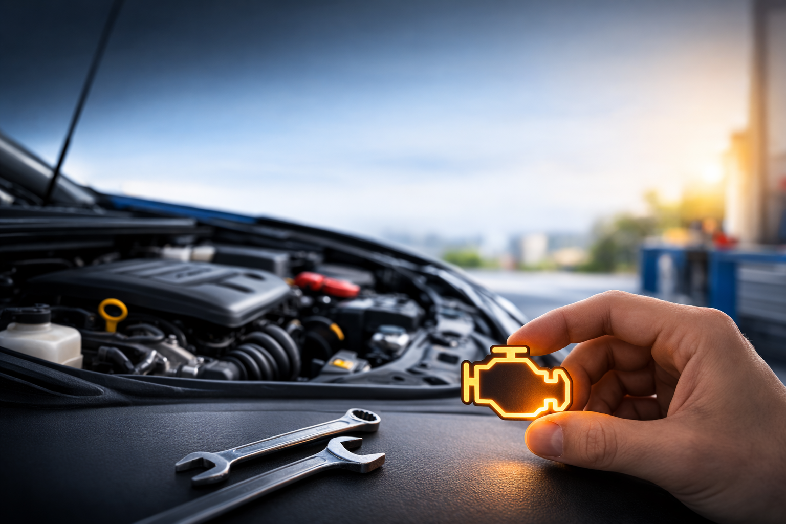 Spia motore accesa sul cruscotto di un’auto mentre si guida su strada al tramonto