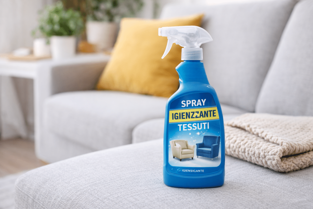 spray igienizzante per tessuti utilizzato su divano per eliminare odori e batteri