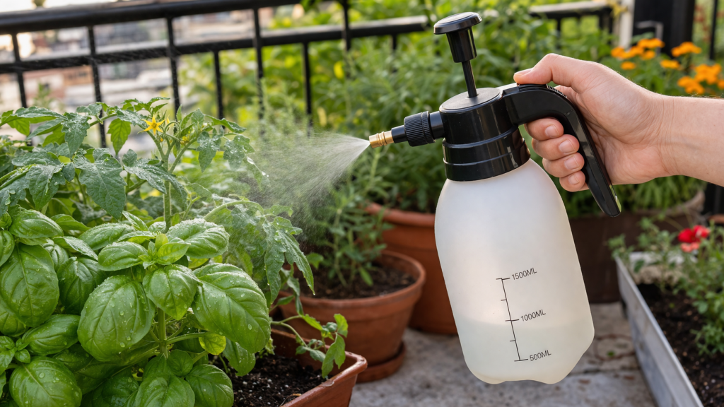 Spray bottle used for natural treatments on potted plants on the balcony