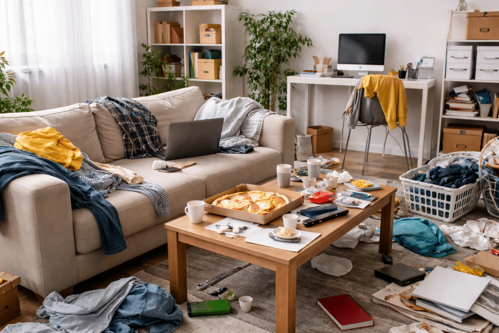 Stanza disordinata con oggetti sparsi, vestiti e caos visivo in ambiente domestico