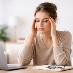 “Donna affaticata con mal di testa e stress mentre lavora al computer”