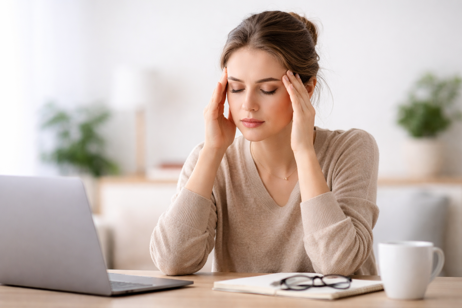 “Donna affaticata con mal di testa e stress mentre lavora al computer”