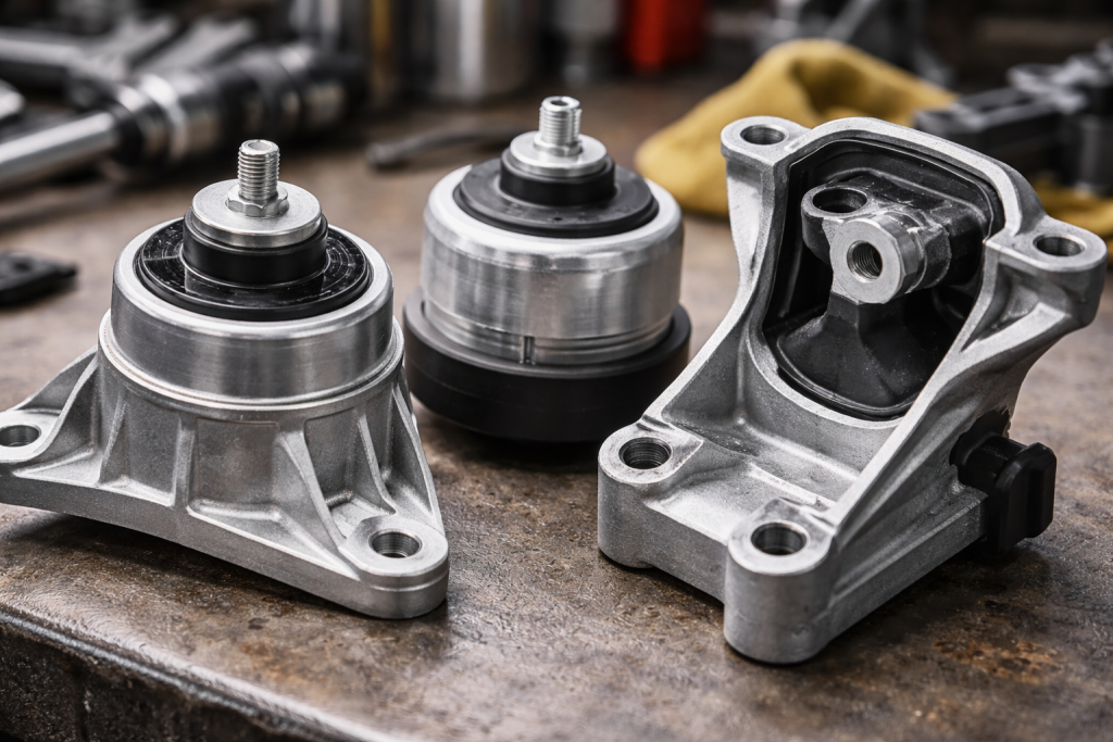 Supporti motore auto in gomma e metallo su banco officina, componenti che riducono vibrazioni del motore