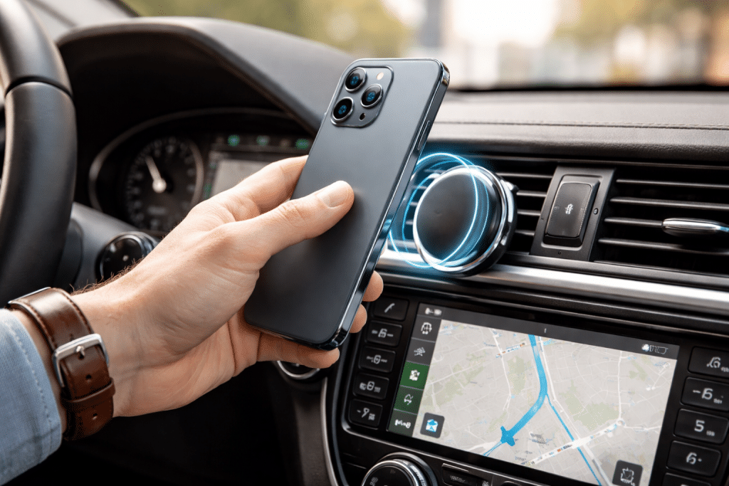 Supporto magnetico per smartphone montato su cruscotto auto con telefono in posizione