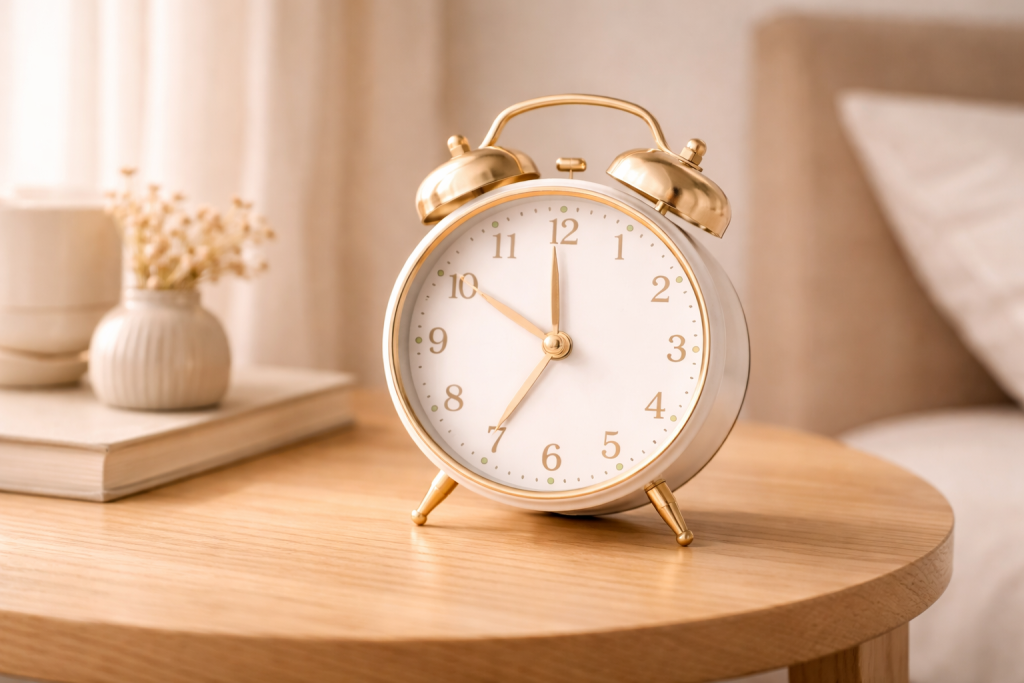 Sveglia analogica silenziosa su comodino accanto al letto