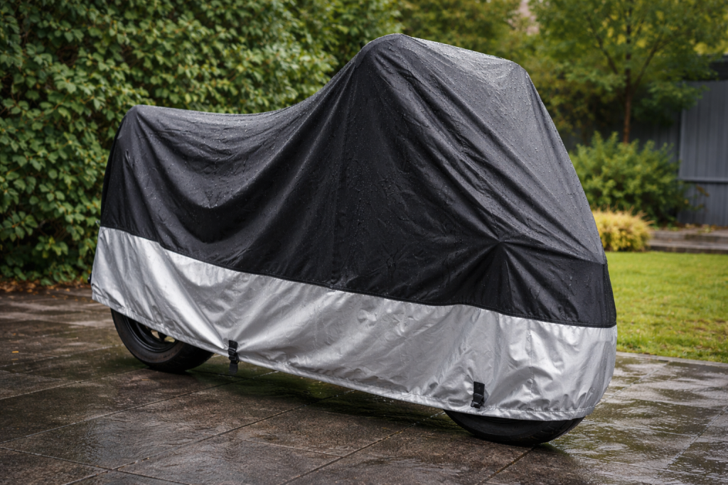 Moto coperta con telo coprimoto impermeabile per protezione da pioggia e agenti atmosferici