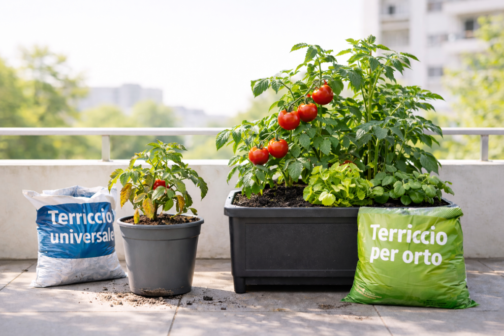 confronto tra terriccio universale e terriccio per orto in vasi con piante di pomodoro sul balcone