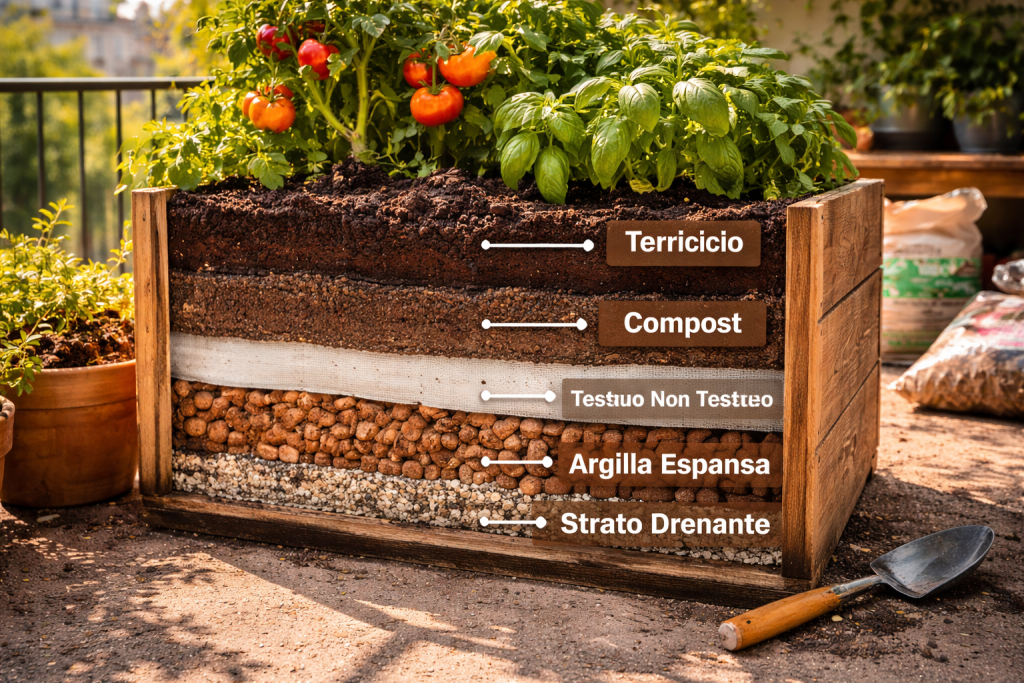 Potted soil layers for vegetable garden with drainage, fertile substrate and growing plant