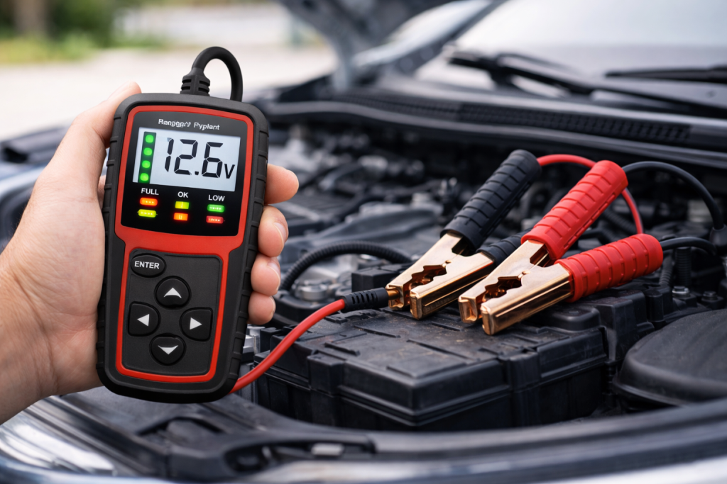Tester digitale collegato alla batteria auto per controllare tensione e stato di carica