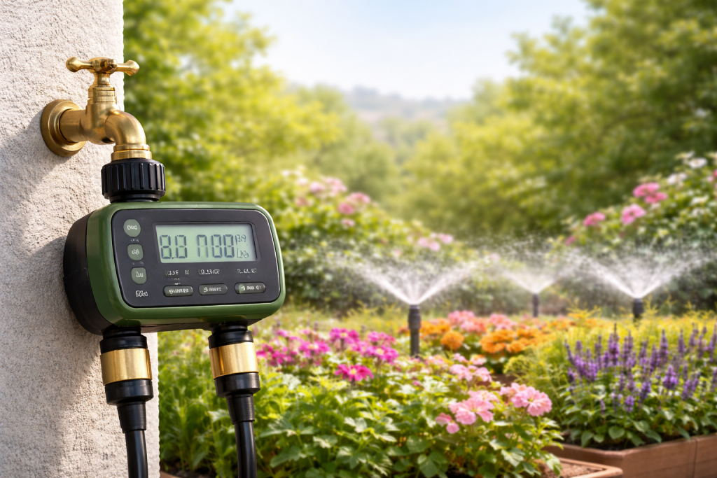 timer irrigazione automatico collegato al rubinetto per programmare l'irrigazione di giardino e piante