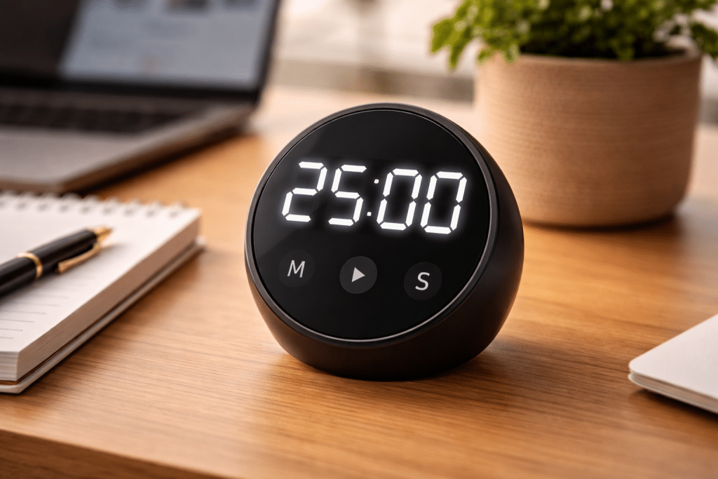 Timer Pomodoro digitale su scrivania con conto alla rovescia per concentrazione