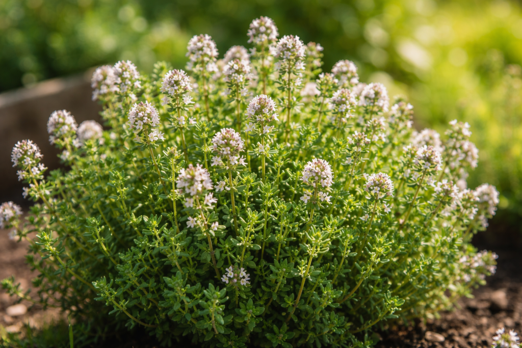 Thyme plant (Thymus vulgaris) with small, pale flowers and green leaves, illuminated by the sun in the garden