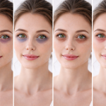 “Ritratti della stessa donna con diversi tipi di occhiaie per confronto visivo”