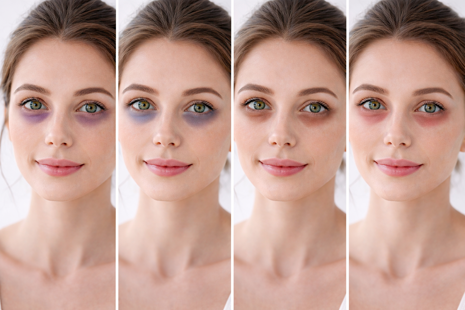 “Ritratti della stessa donna con diversi tipi di occhiaie per confronto visivo”