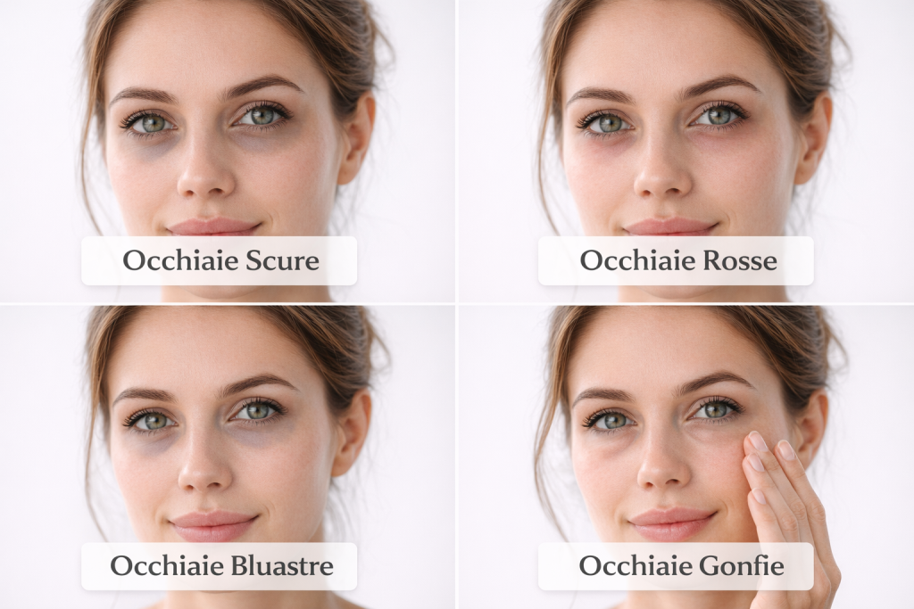 “Schema visivo dei diversi tipi di occhiaie: scure, rosse, bluastre e gonfie su viso femminile”