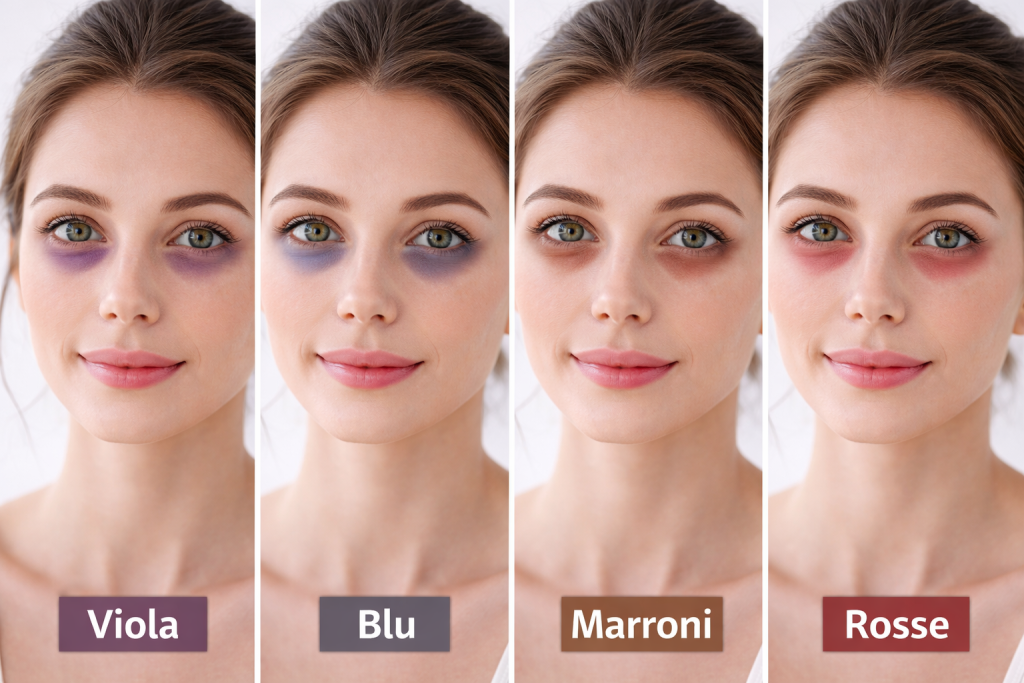 “Schema visivo dei diversi tipi di occhiaie: scure, rosse, bluastre e gonfie su viso femminile”