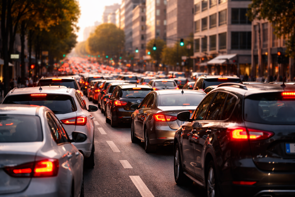 Traffico cittadino intenso con auto in coda durante l’ora di punta