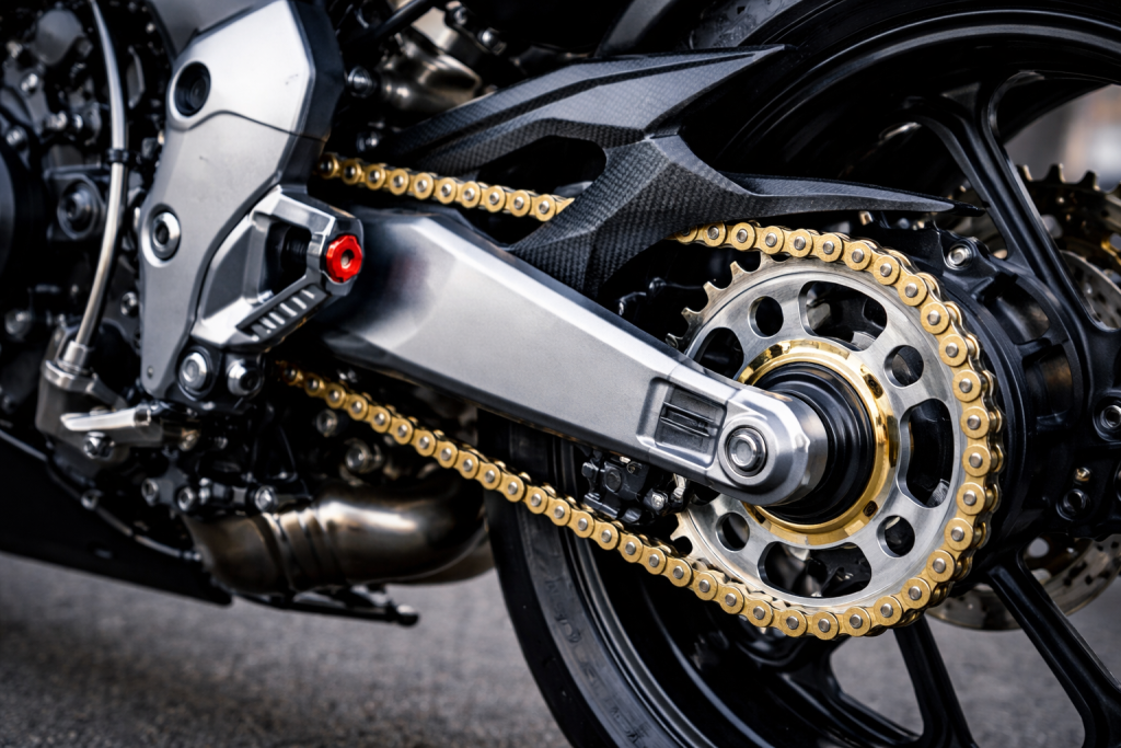 Trasmissione di una moto con catena e corona sul forcellone posteriore.