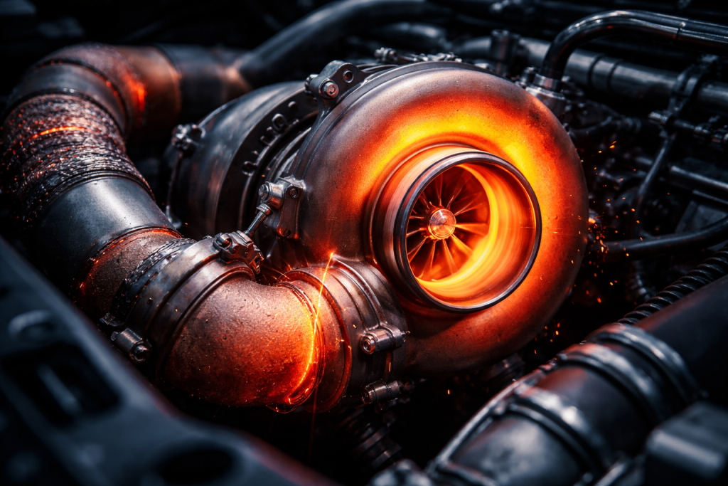 Turbina turbo auto incandescente rossa per surriscaldamento del motore