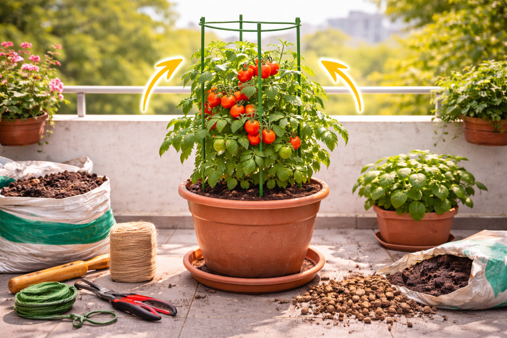 pianta di pomodoro in vaso con tutore per sostenere i rami carichi di pomodori sul balcone