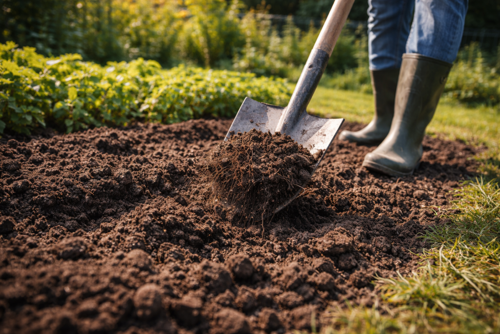 vangatura del terreno nell’orto con vanga durante la preparazione del suolo