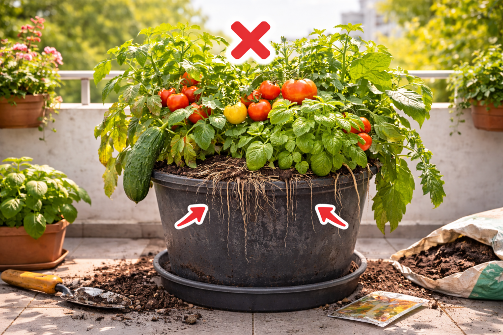 vaso con troppe piante nell’orto sul balcone con pomodori e ortaggi troppo vicini tra loro