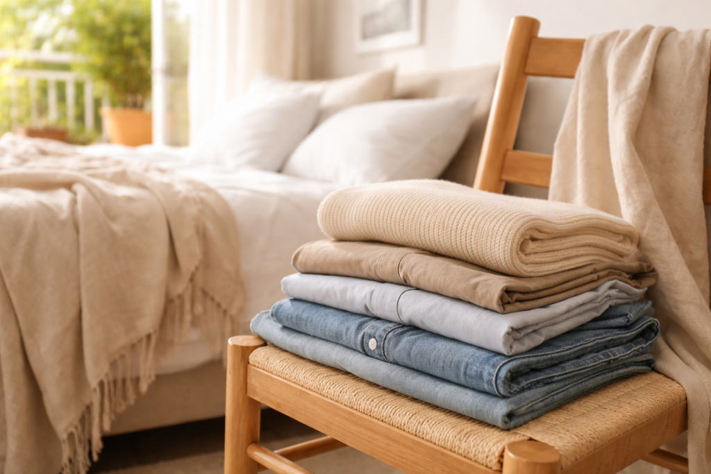 Vestiti piegati ordinatamente su una sedia di legno accanto al letto in una camera da letto luminosa