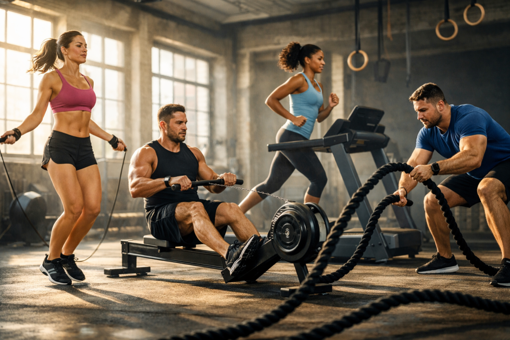 Quattro persone che eseguono un allenamento cardio di gruppo in palestra con luce naturale.