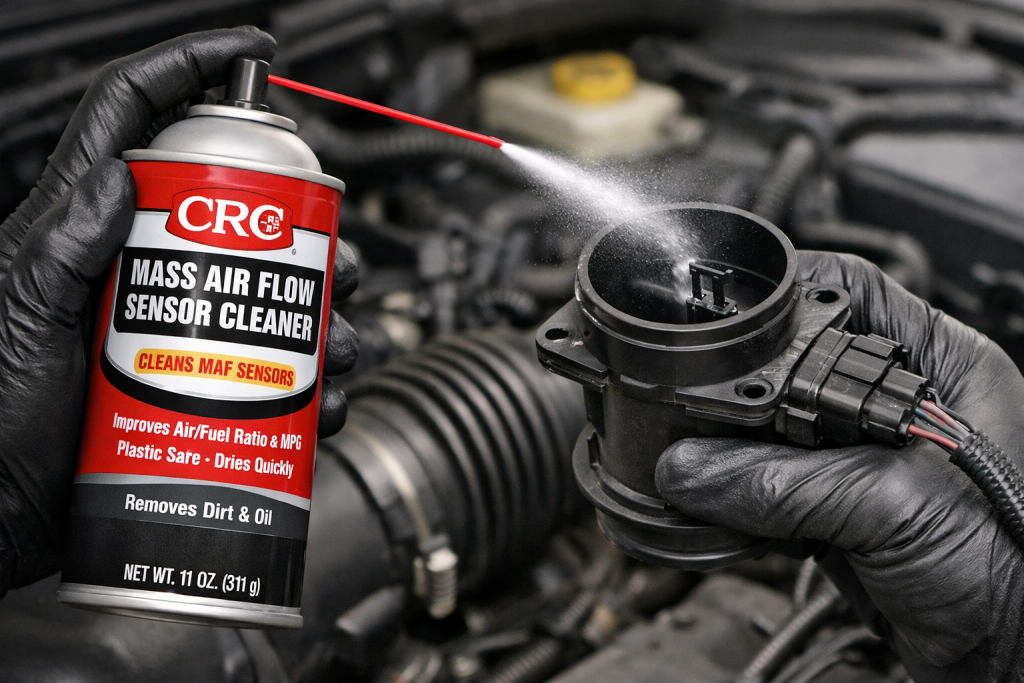 Bomboletta CRC Mass Air Flow Sensor Cleaner su banco officina con motore auto sfocato sullo sfondo