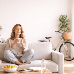 Woman relaxed on the sofa in a bright living room with natural light, healthy lifestyle and sustainable mobility