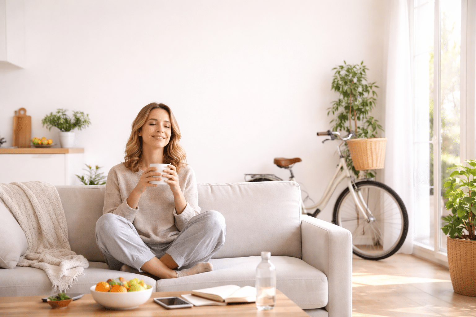 Donna rilassata sul divano in un soggiorno luminoso con luce naturale, stile di vita sano e mobilità sostenibile