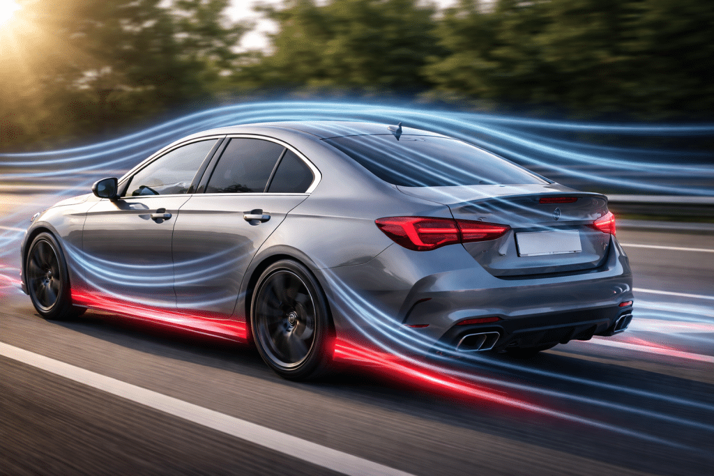 Auto in movimento su strada che evidenzia il flusso d’aria e l’aerodinamica del veicolo