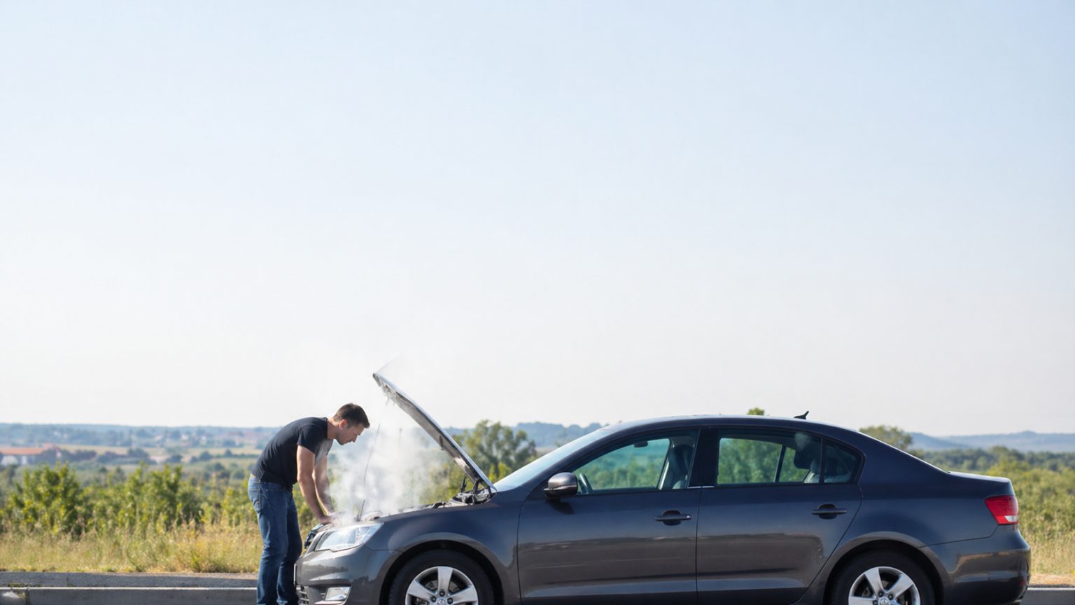 Auto con cofano aperto e fumo dal motore a causa di surriscaldamento durante una giornata estiva