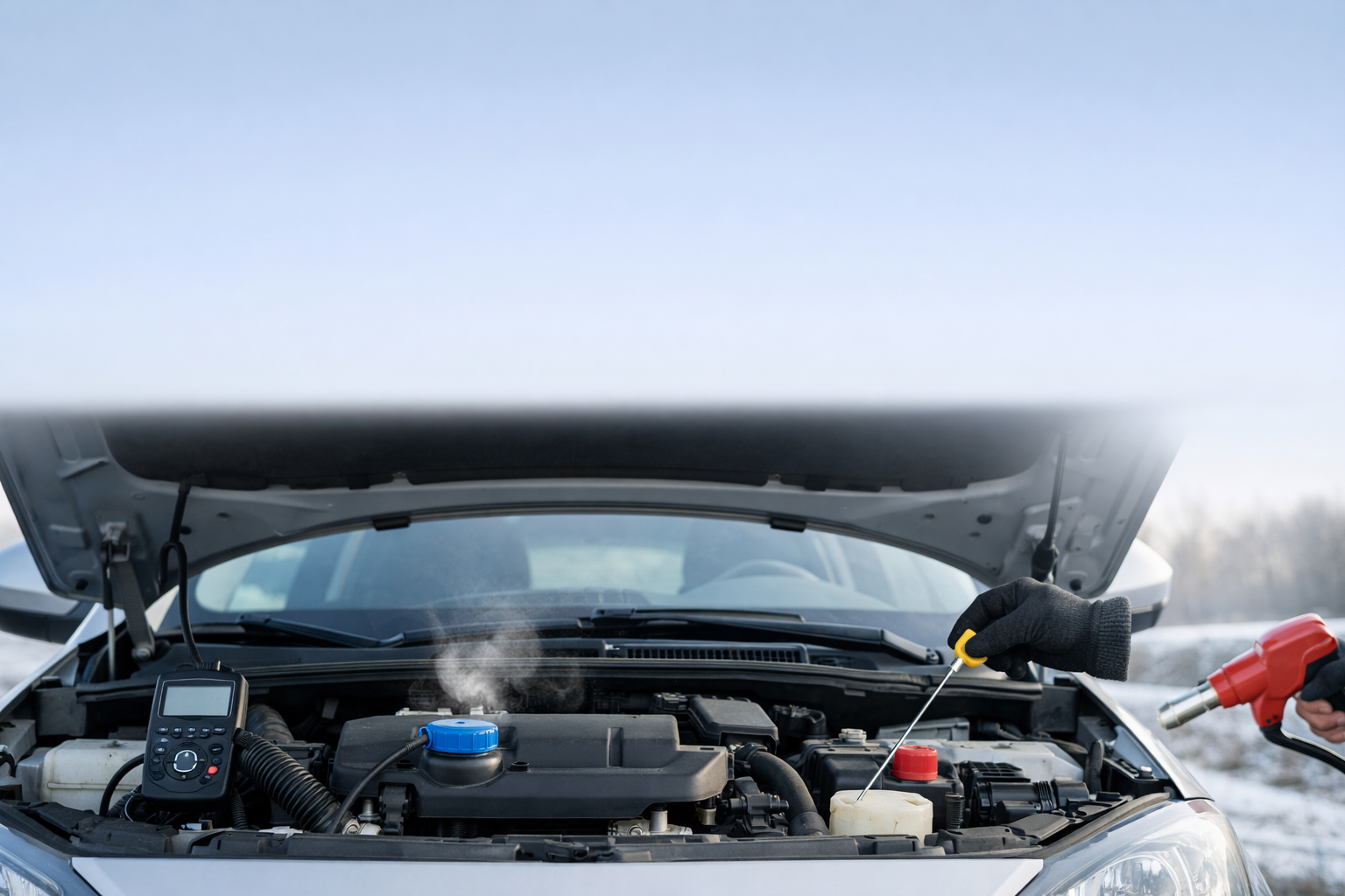 Auto con cofano aperto in una mattina fredda con condensa, simbolo di consumi elevati a motore freddo