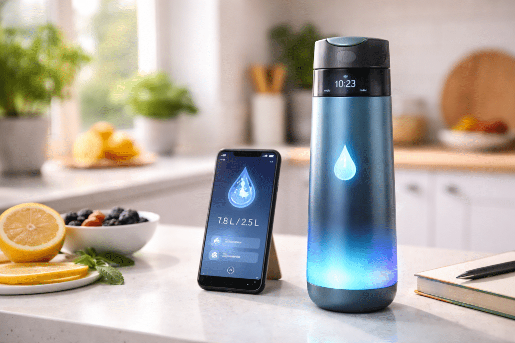 Bottiglia smart moderna su sfondo minimal con luce naturale