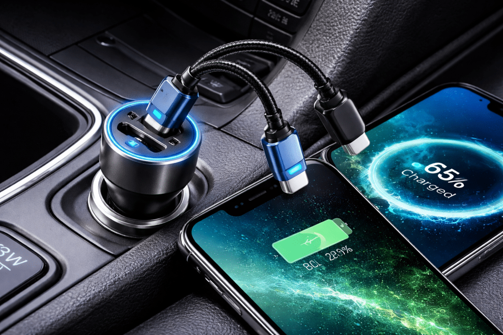 Caricatore auto rapido collegato allo smartphone durante la guida