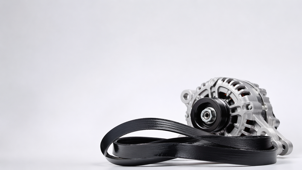 Cinghia alternatore e alternatore dell’auto su sfondo chiaro con composizione minimal