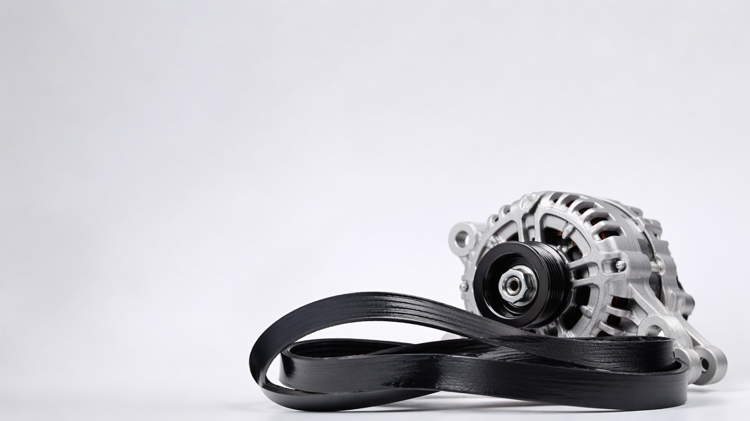 Cinghia alternatore e alternatore dell’auto su sfondo chiaro con composizione minimal