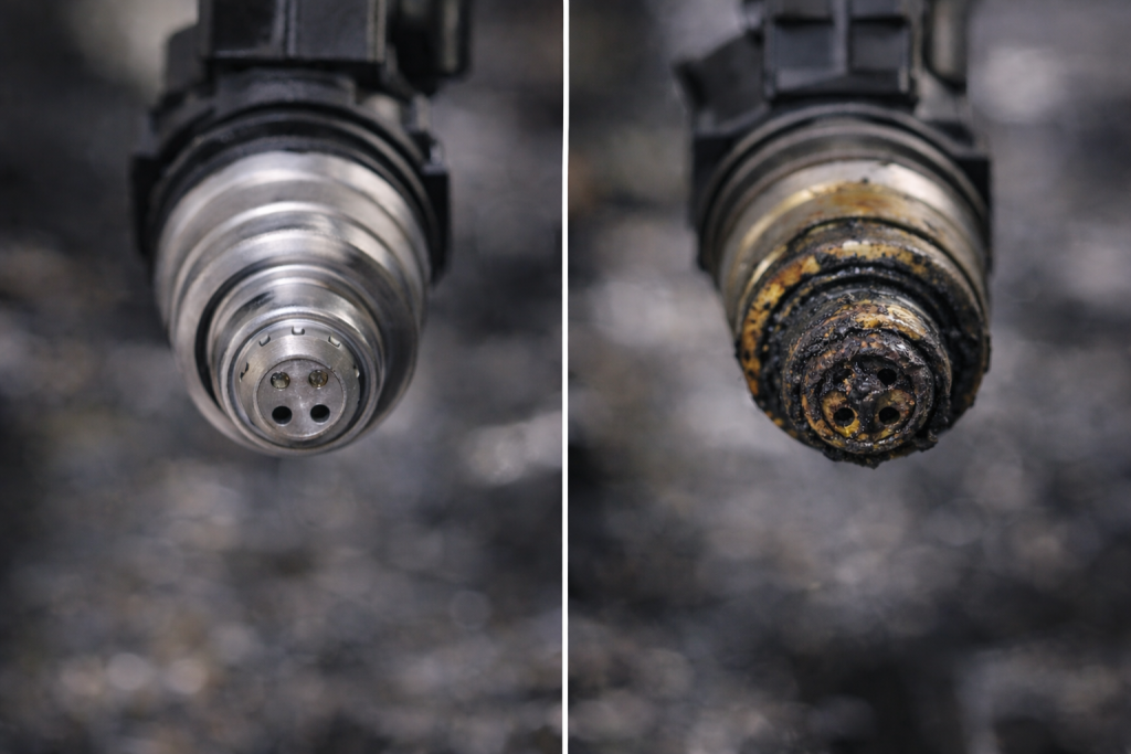 Clean and dirty injector nozzle comparison with fuel spray difference
