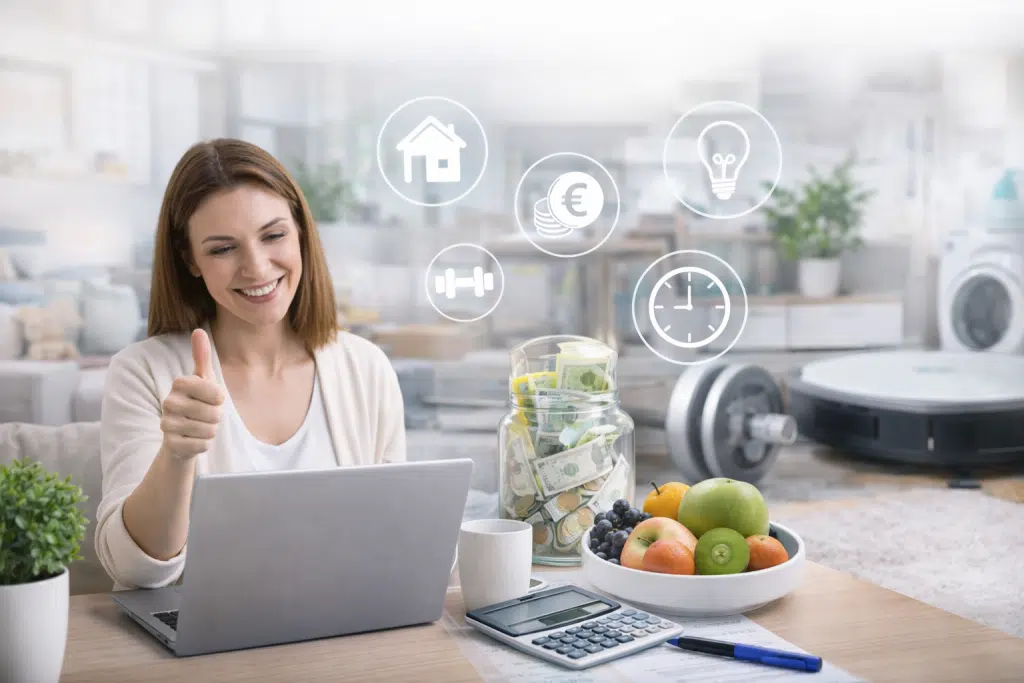 Donna al computer con consigli pratici per risparmio, benessere e gestione della vita quotidiana