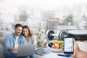 Coppia sul divano che gestisce il budget domestico con laptop e smartphone, circondata da spesa alimentare e oggetti per la casa.