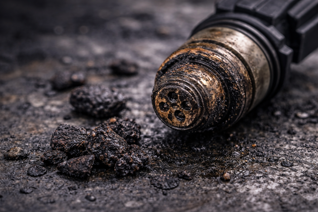 Car injector with carbon deposits on the tips and blocked holes