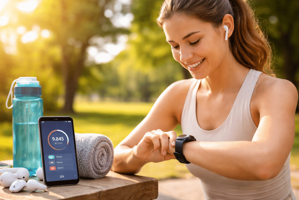 Fitness tracker al polso mentre monitora attività fisica e parametri di salute durante una camminata all’aperto