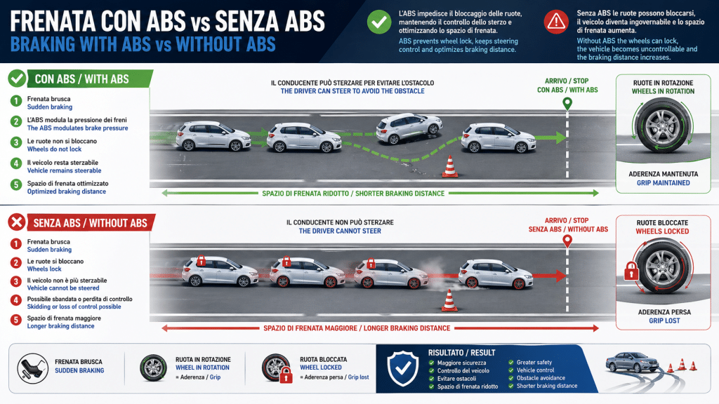 Confronto frenata con ABS vs senza ABS su strada con traiettoria e controllo del veicolo / Comparison of braking with ABS vs without ABS showing vehicle control and stopping distance