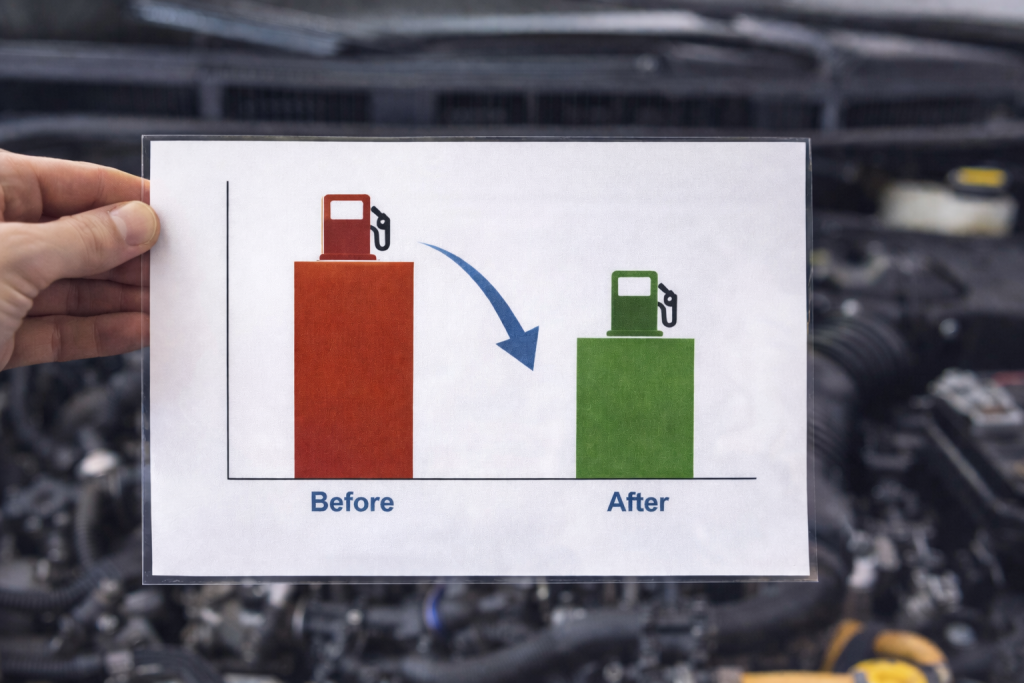 Before and after fuel consumption bar graph with car engine in the background