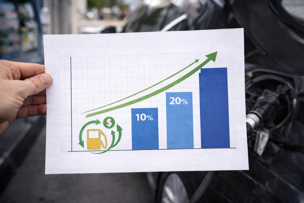 Textless fuel economy bar chart with efficiency gain